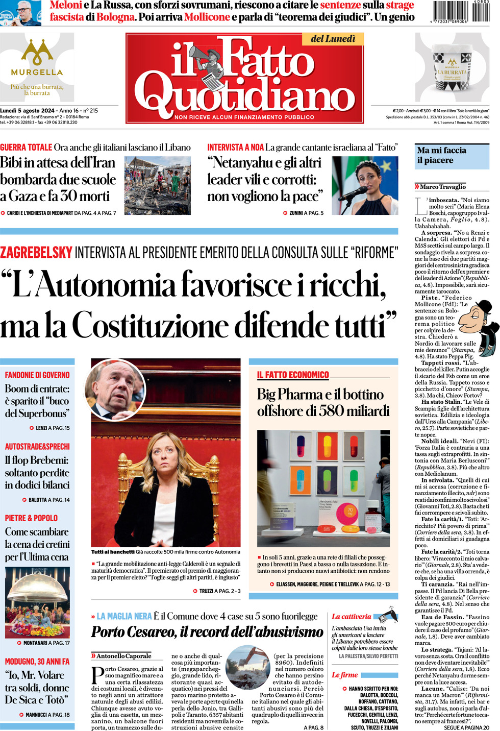 Prima-pagina-il-fatto-quotidiano-edizione-di-oggi-05-08-2024