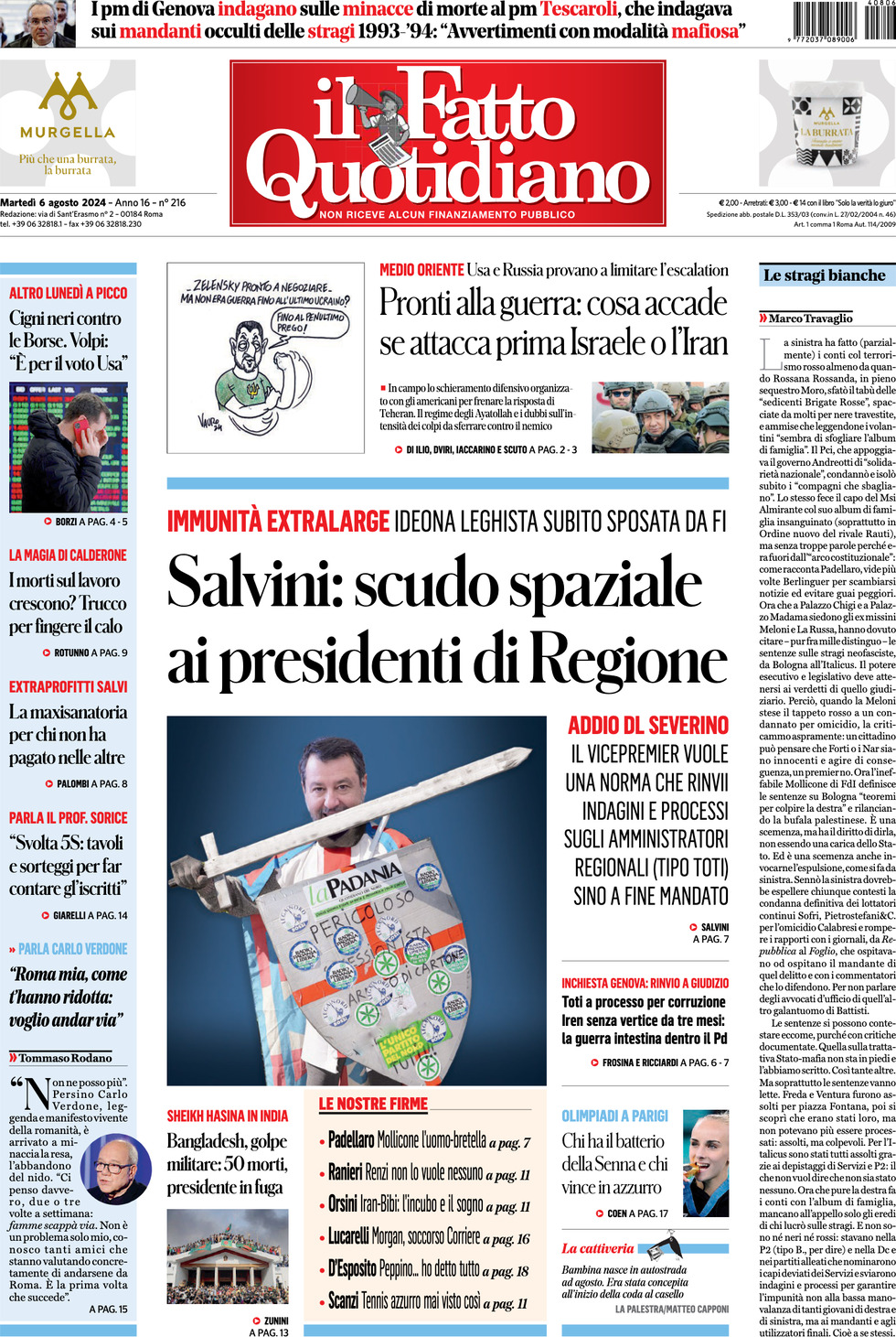 Prima-pagina-il-fatto-quotidiano-edizione-di-oggi-06-08-2024