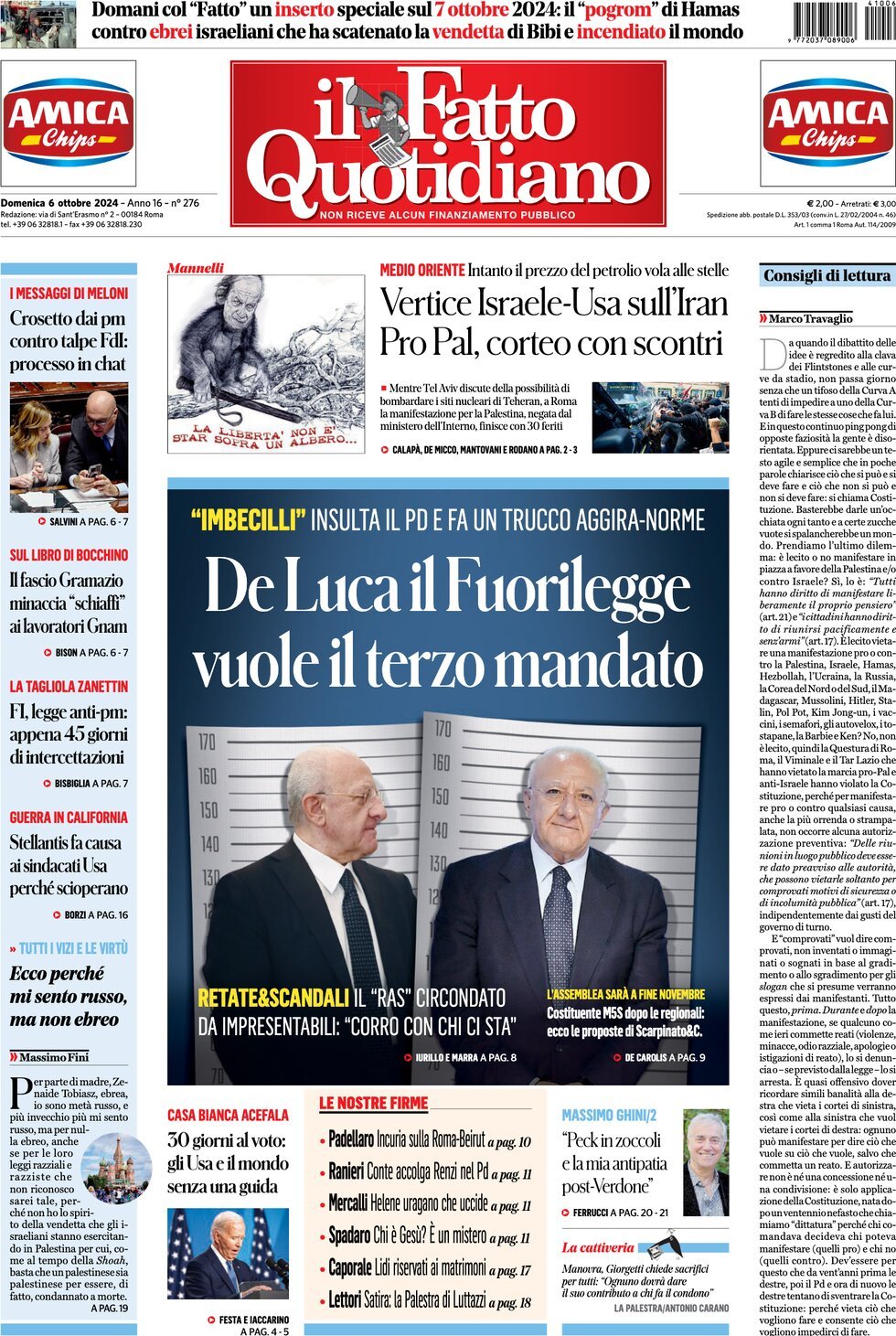 Prima-pagina-il-fatto-quotidiano-edizione-di-oggi-06-10-2024