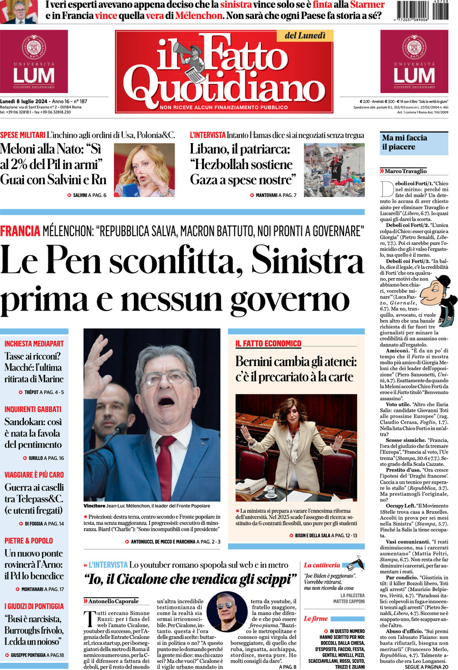 Prima-pagina-il-fatto-quotidiano-edizione-di-oggi-08-07-2024