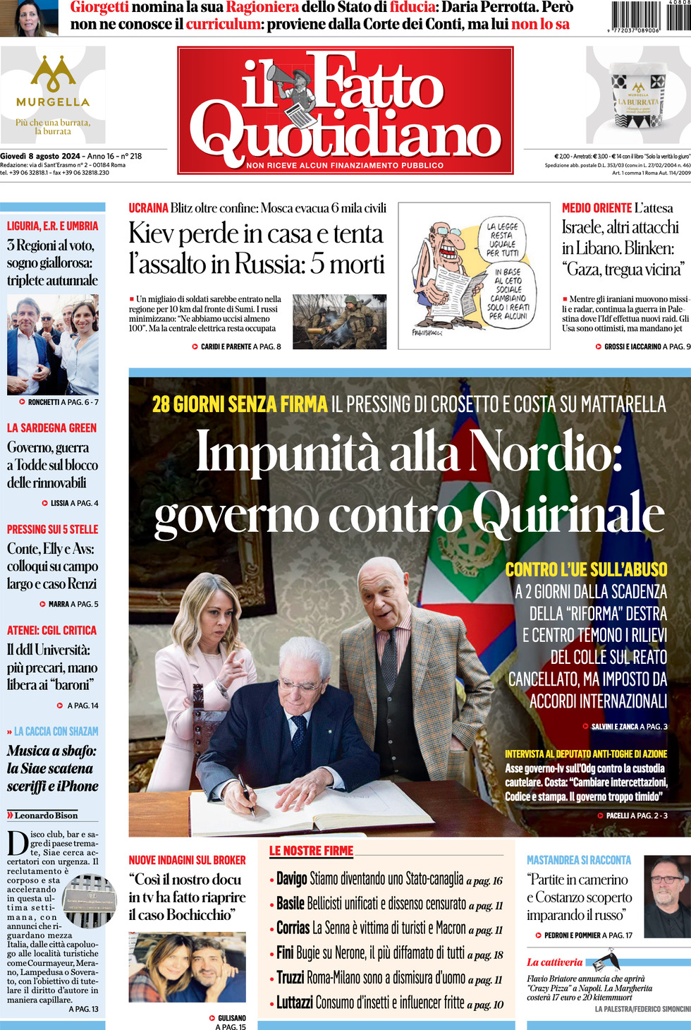 Prima-pagina-il-fatto-quotidiano-edizione-di-oggi-08-08-2024