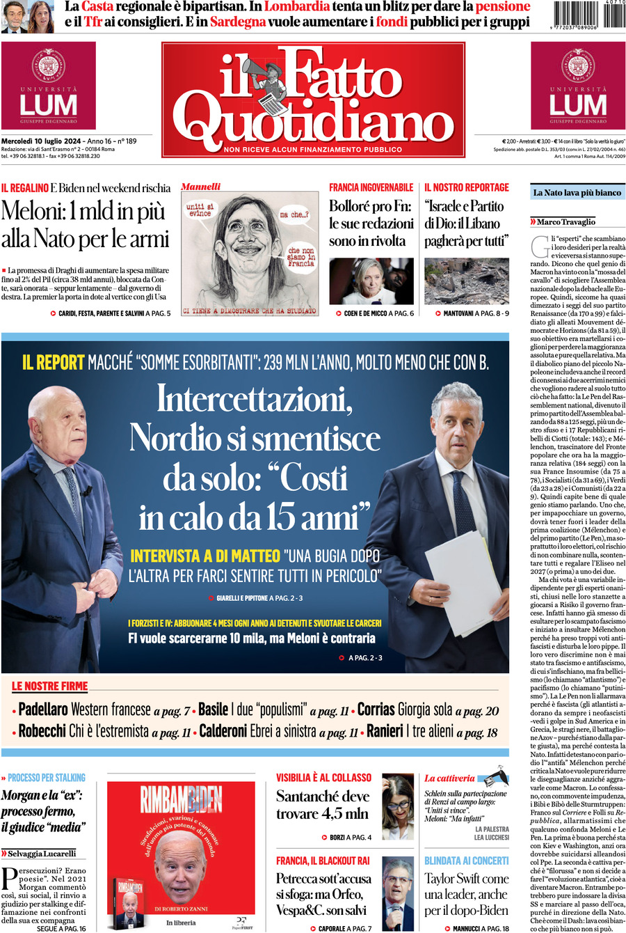 Prima-pagina-il-fatto-quotidiano-edizione-di-oggi-10-07-2024