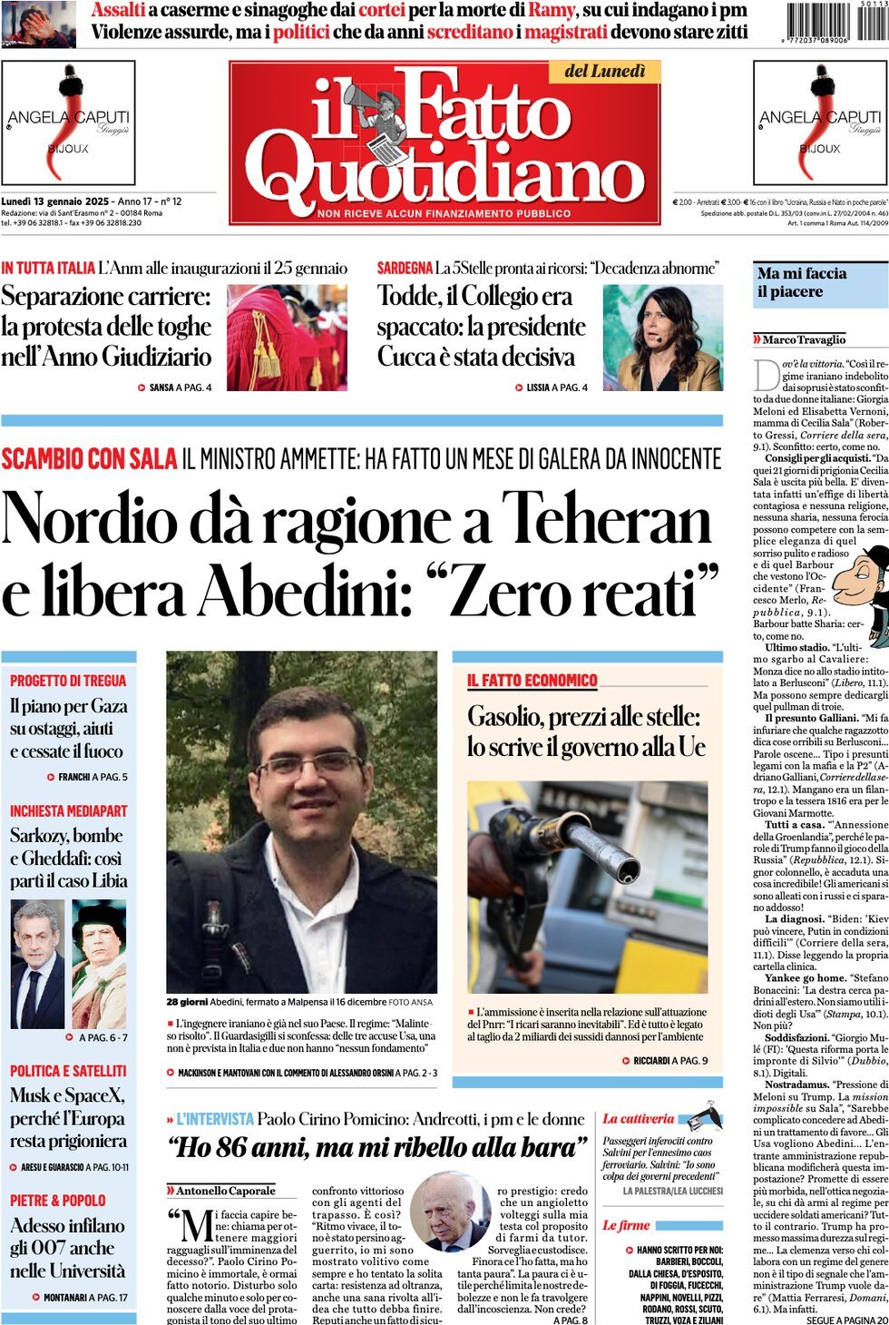 Prima-pagina-il-fatto-quotidiano-edizione-di-oggi-13-01-2025