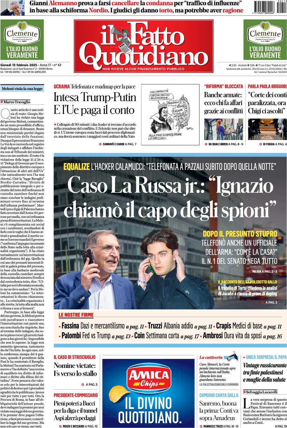 Prima-pagina-il-fatto-quotidiano-edizione-di-oggi-13-02-2025