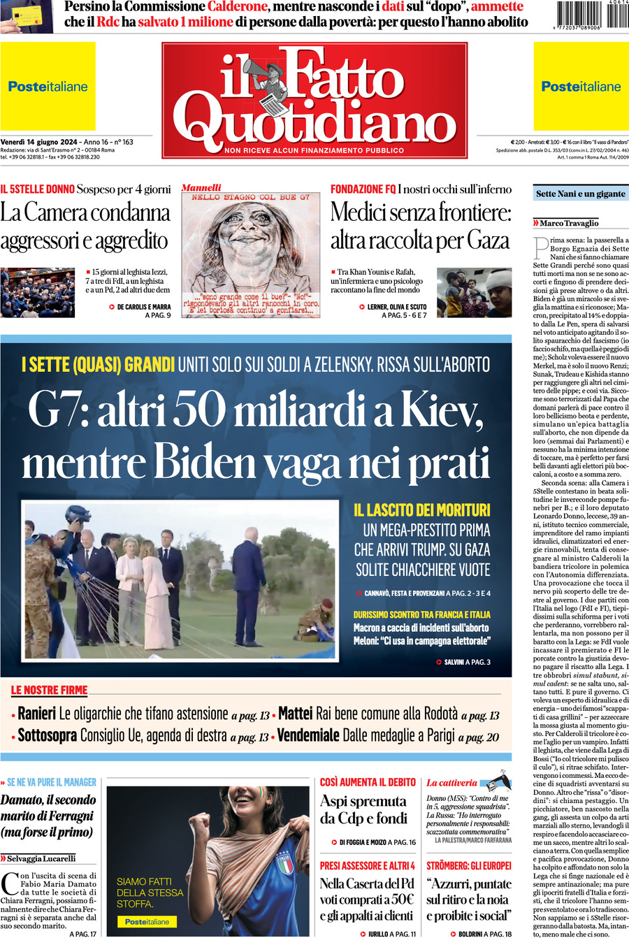 Prima-pagina-il-fatto-quotidiano-edizione-di-oggi-14-06-2024