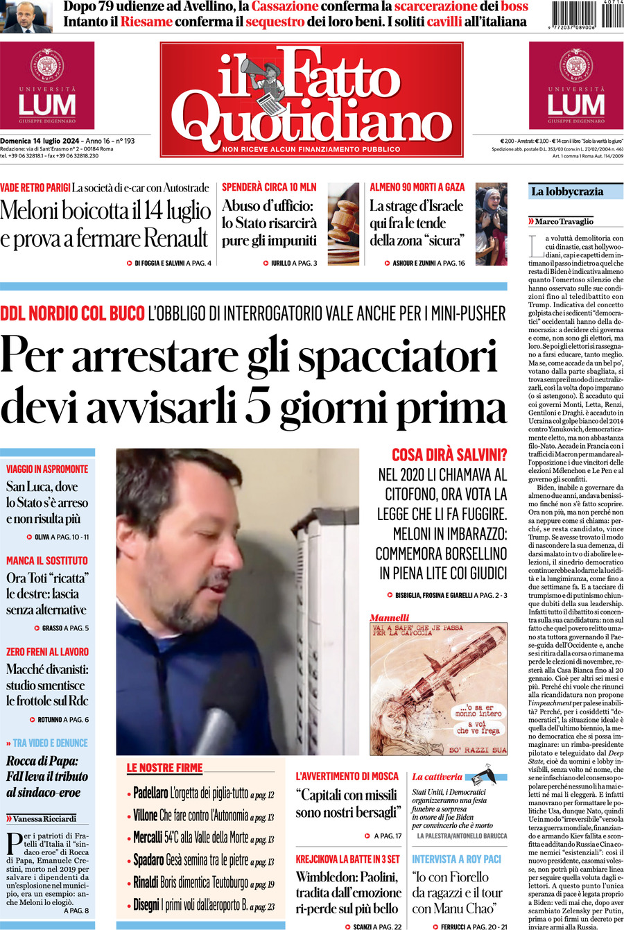 Prima-pagina-il-fatto-quotidiano-edizione-di-oggi-14-07-2024