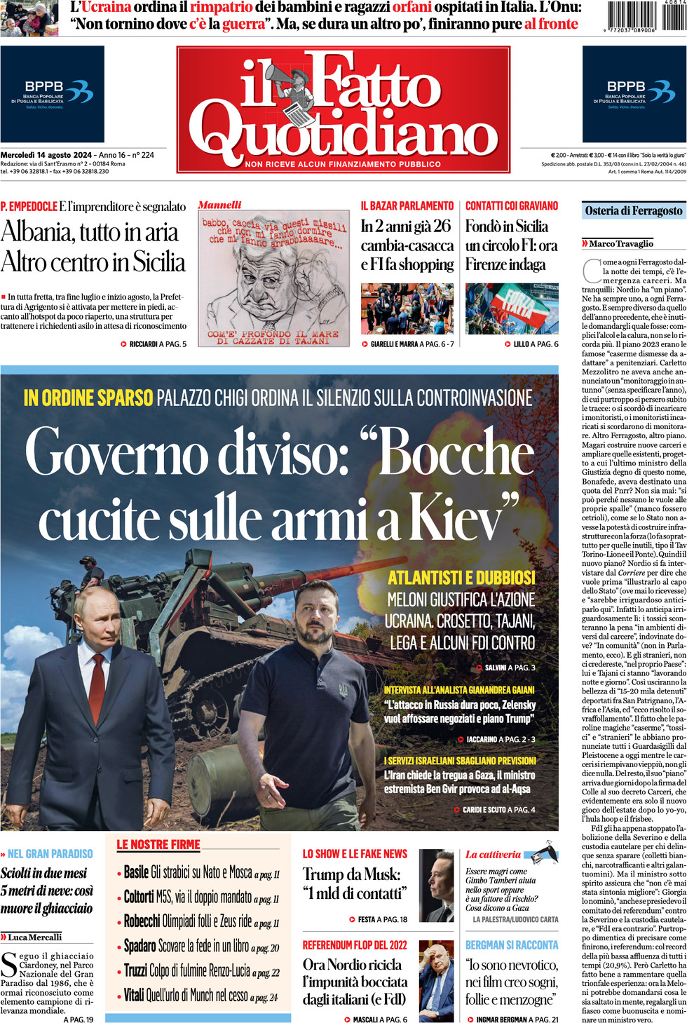 Prima-pagina-il-fatto-quotidiano-edizione-di-oggi-14-08-2024