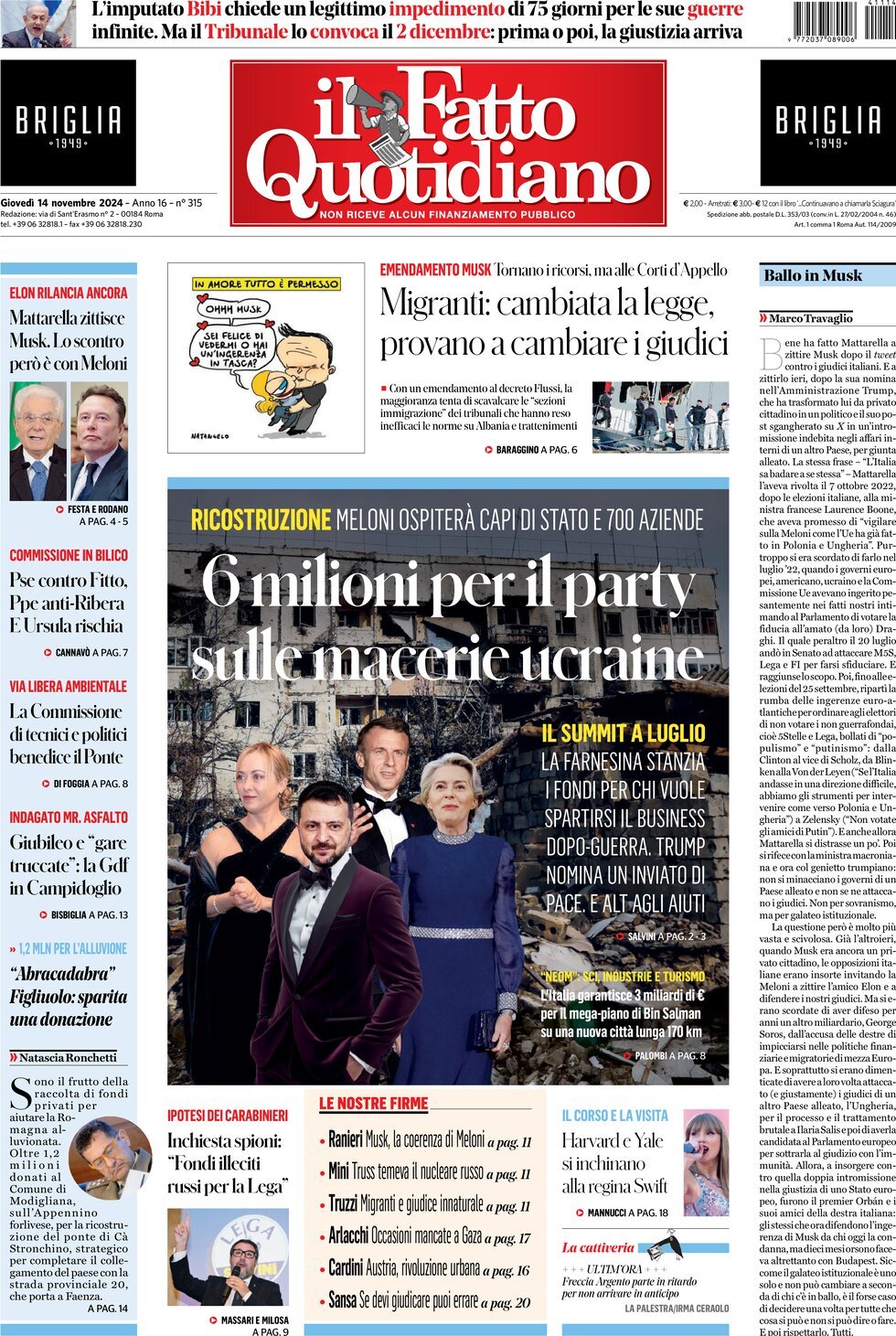 Prima-pagina-il-fatto-quotidiano-edizione-di-oggi-14-11-2024