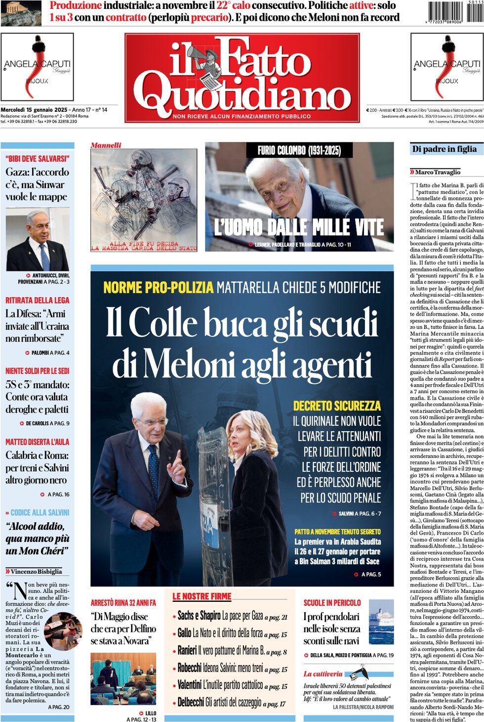 Prima-pagina-il-fatto-quotidiano-edizione-di-oggi-15-01-2025