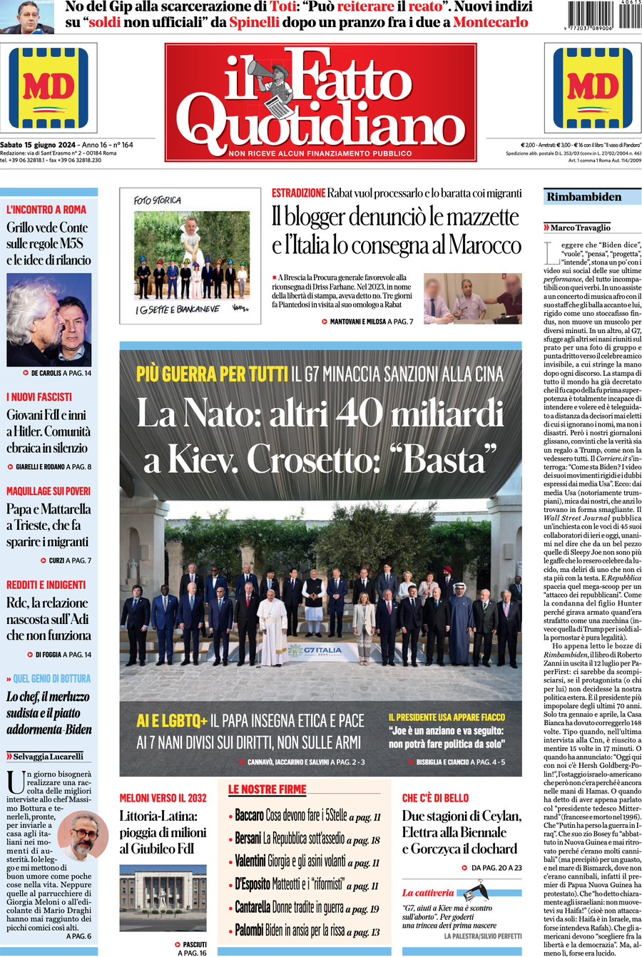 Prima-pagina-il-fatto-quotidiano-edizione-di-oggi-15-06-2024