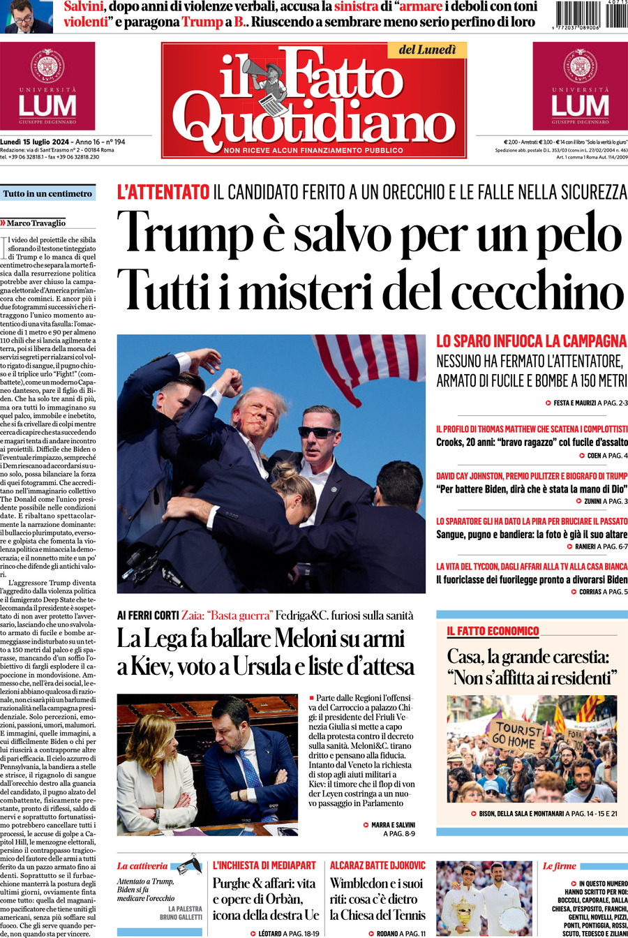 Prima-pagina-il-fatto-quotidiano-edizione-di-oggi-15-07-2024