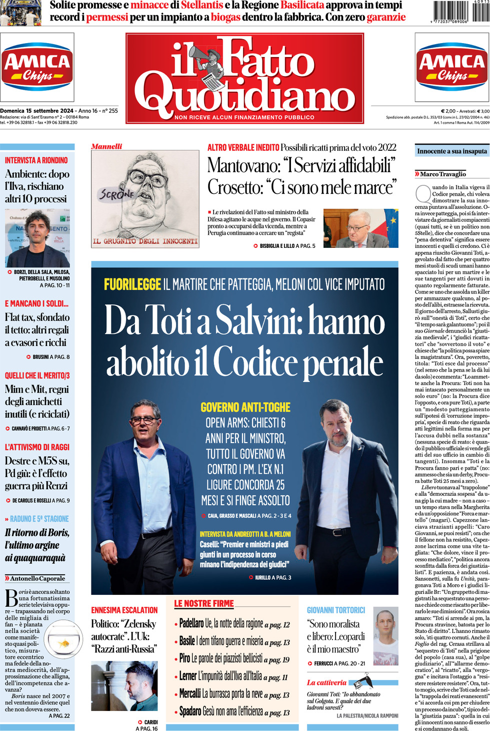 Prima-pagina-il-fatto-quotidiano-edizione-di-oggi-15-09-2024