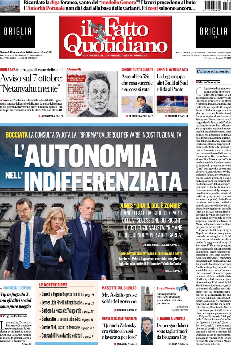 Prima-pagina-il-fatto-quotidiano-edizione-di-oggi-15-11-2024