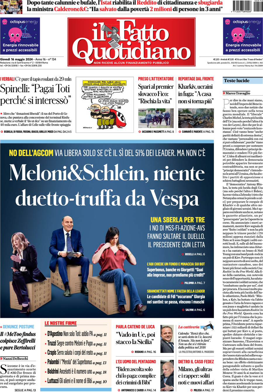 Prima-pagina-il-fatto-quotidiano-edizione-di-oggi-16-05-2024