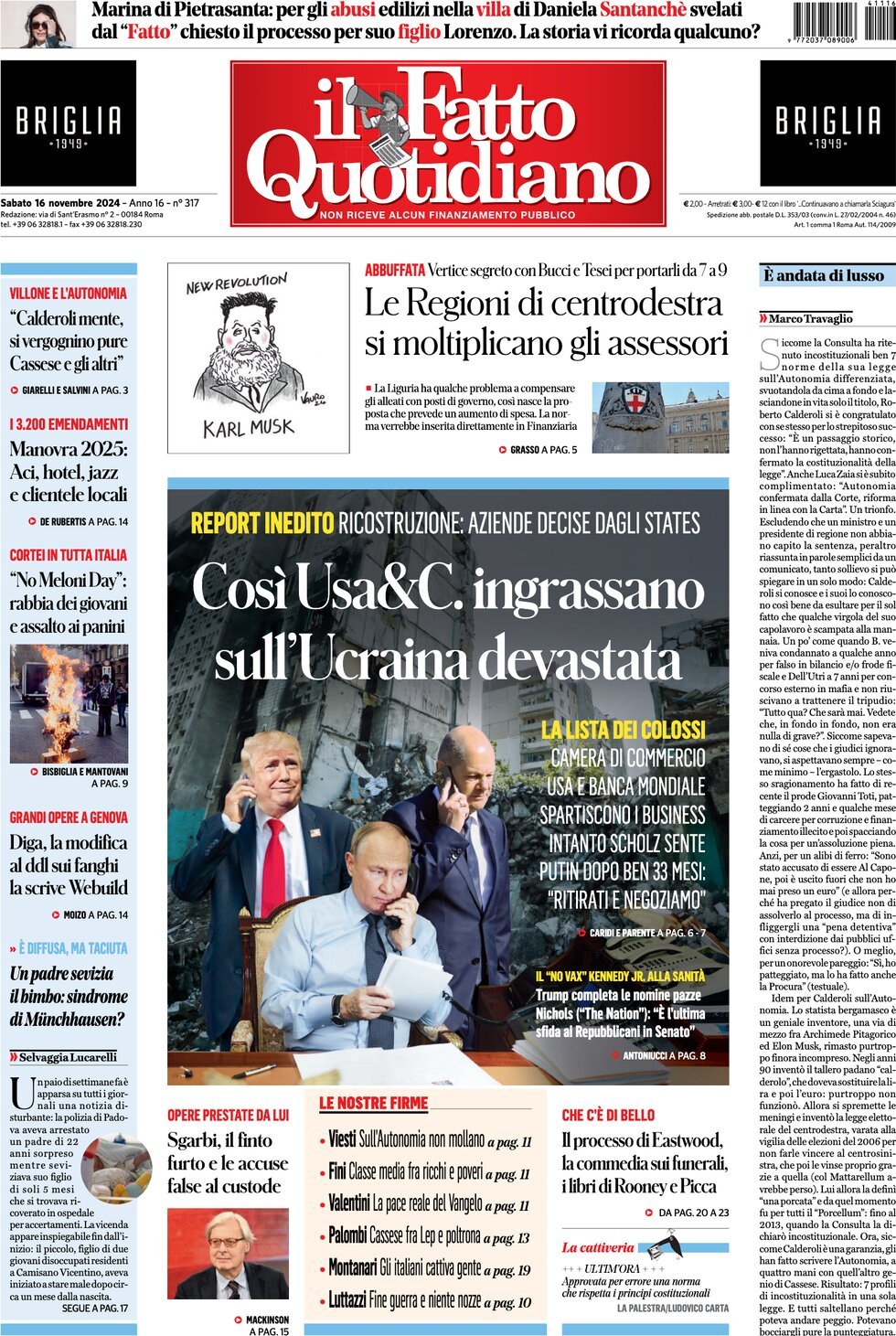 Prima-pagina-il-fatto-quotidiano-edizione-di-oggi-16-11-2024