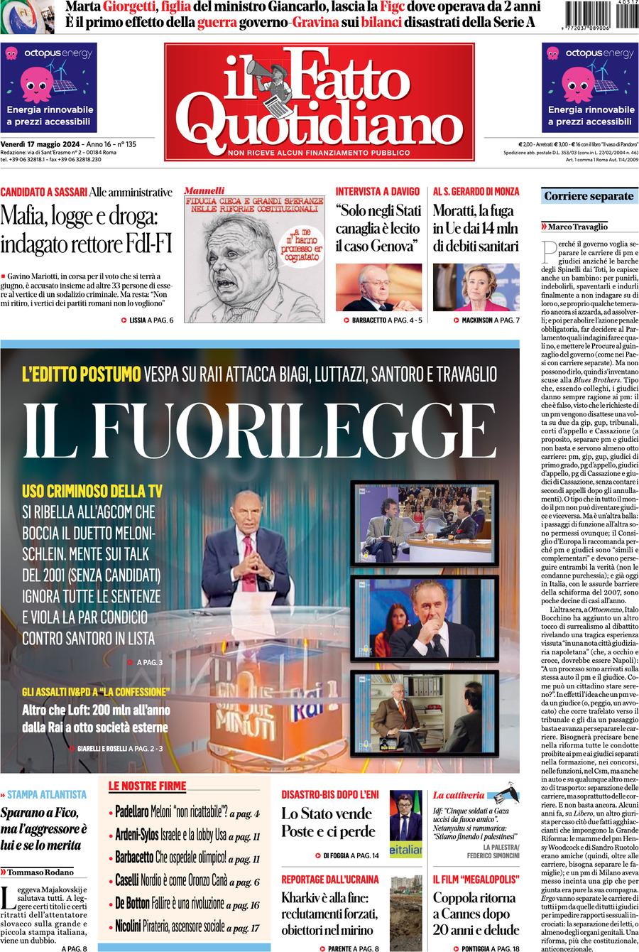 Prima-pagina-il-fatto-quotidiano-edizione-di-oggi-17-05-2024