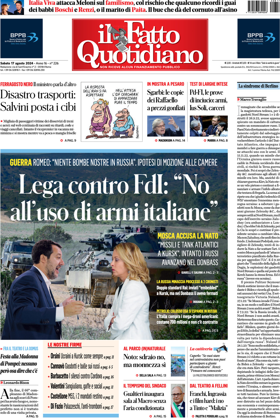 Prima-pagina-il-fatto-quotidiano-edizione-di-oggi-17-08-2024