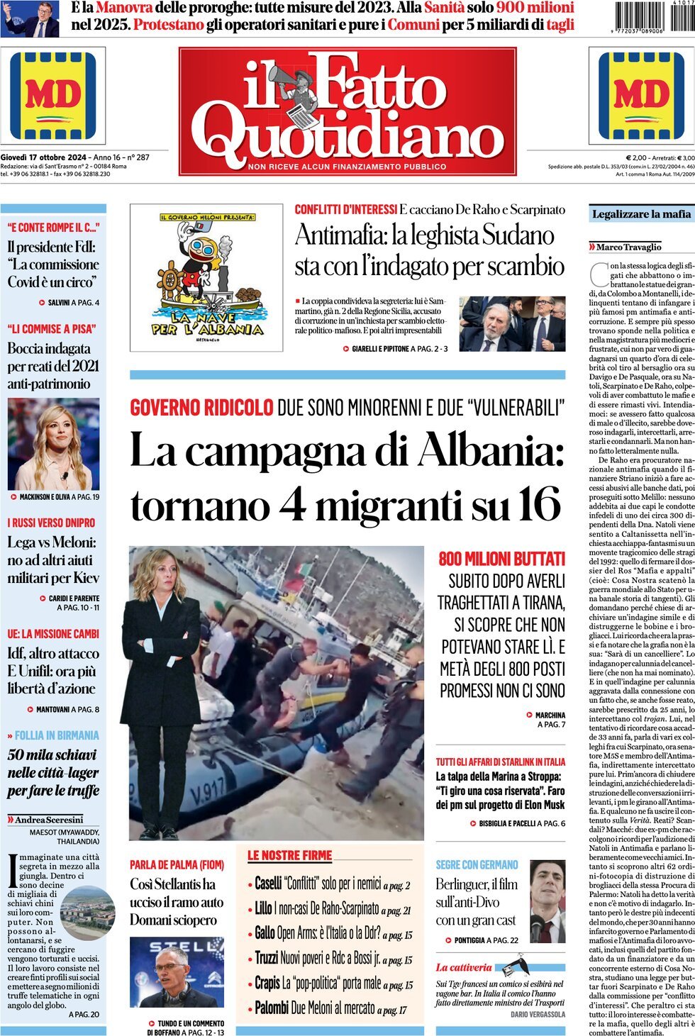 Prima-pagina-il-fatto-quotidiano-edizione-di-oggi-17-10-2024