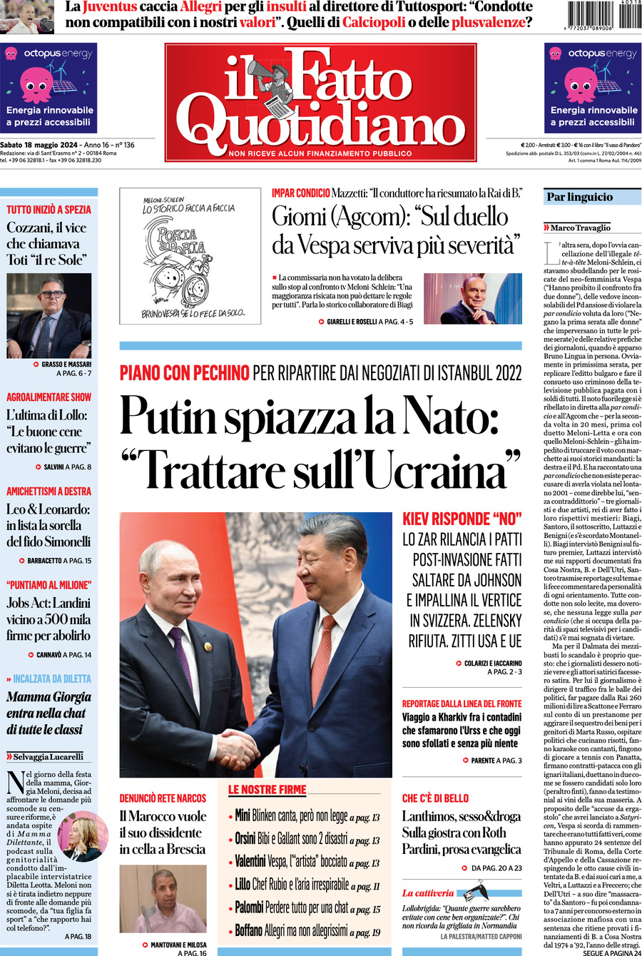 Prima-pagina-il-fatto-quotidiano-edizione-di-oggi-18-05-2024