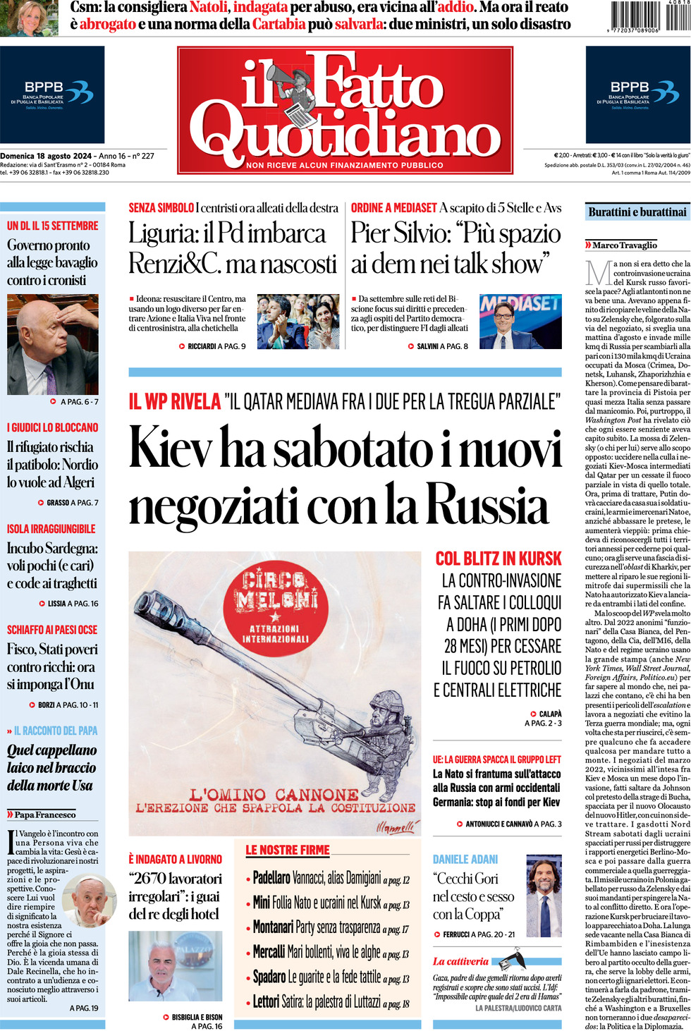 Prima-pagina-il-fatto-quotidiano-edizione-di-oggi-18-08-2024