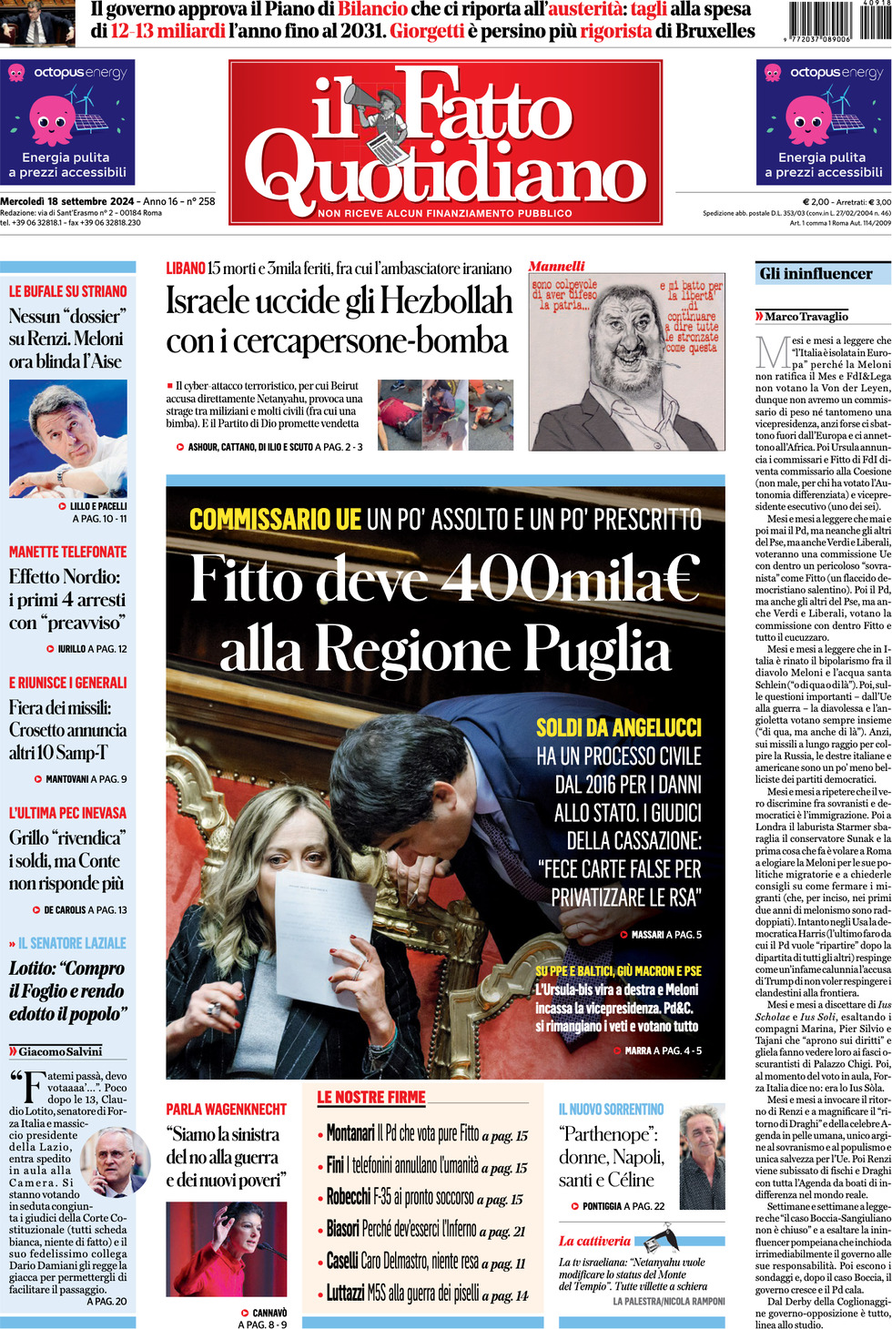 Prima-pagina-il-fatto-quotidiano-edizione-di-oggi-18-09-2024