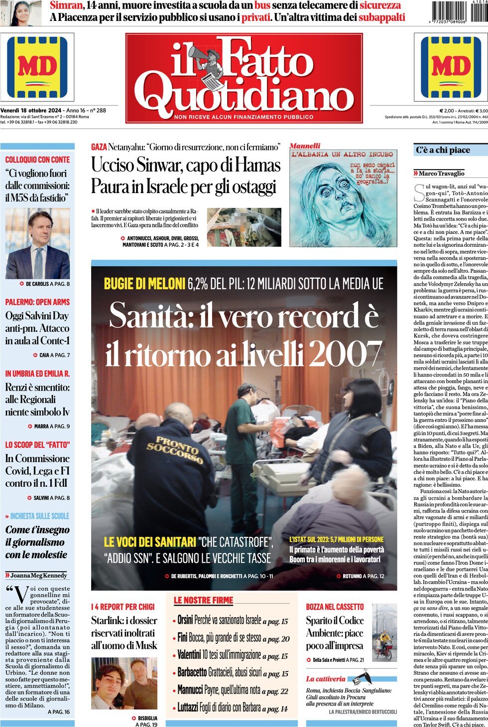 Prima-pagina-il-fatto-quotidiano-edizione-di-oggi-18-10-2024