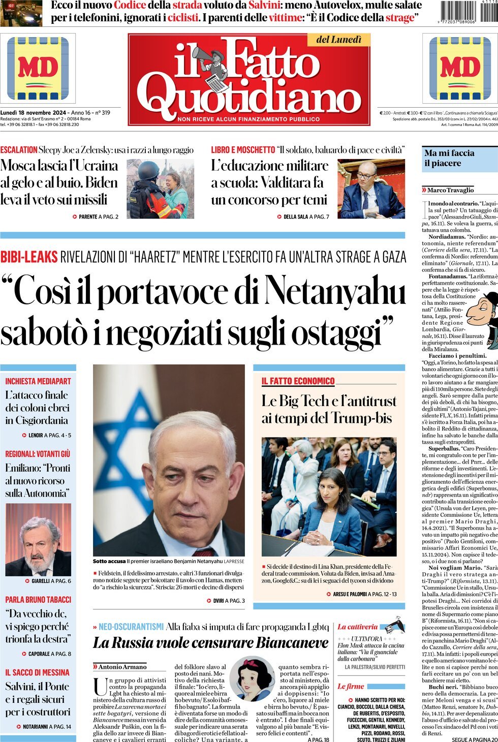 Prima-pagina-il-fatto-quotidiano-edizione-di-oggi-18-11-2024