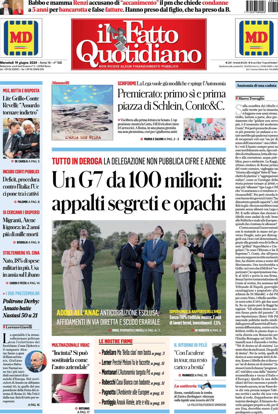 Prima-pagina-il-fatto-quotidiano-edizione-di-oggi-19-06-2024