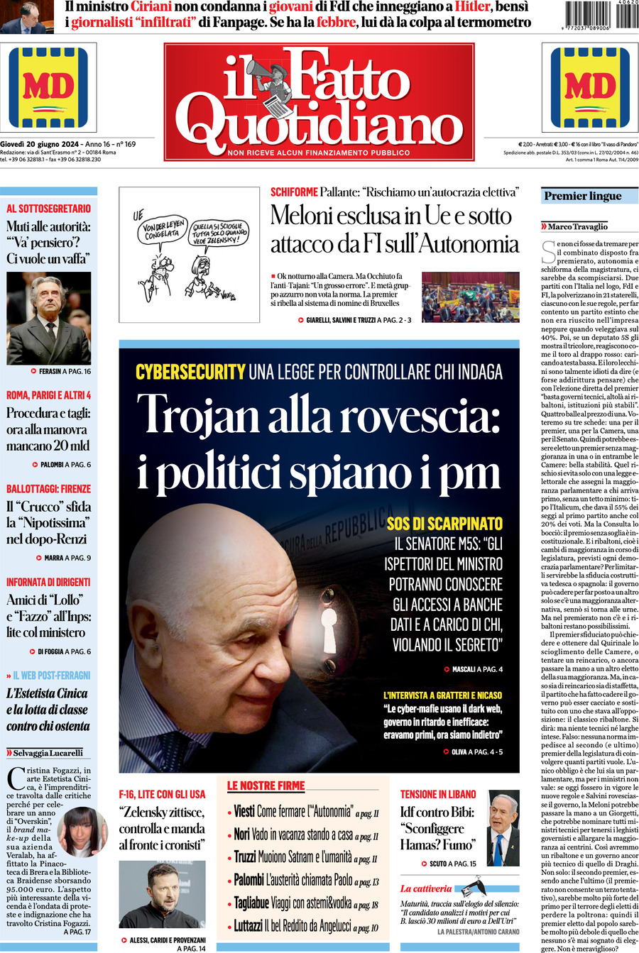 Prima-pagina-il-fatto-quotidiano-edizione-di-oggi-20-06-2024