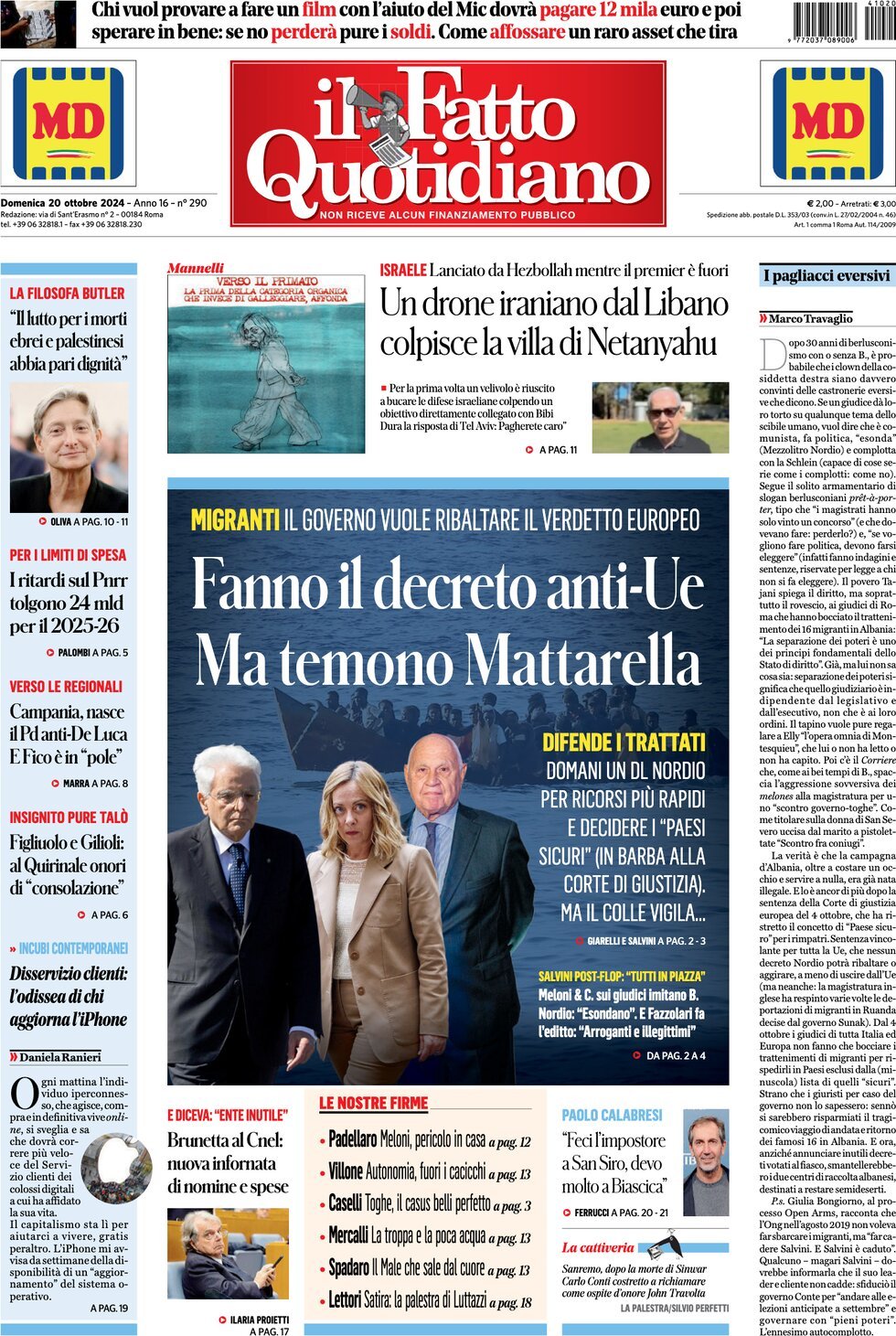 Prima-pagina-il-fatto-quotidiano-edizione-di-oggi-20-10-2024