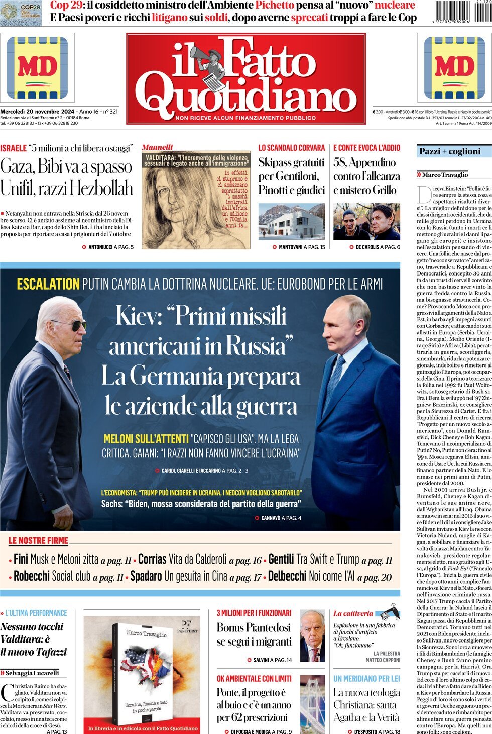 Prima-pagina-il-fatto-quotidiano-edizione-di-oggi-20-11-2024