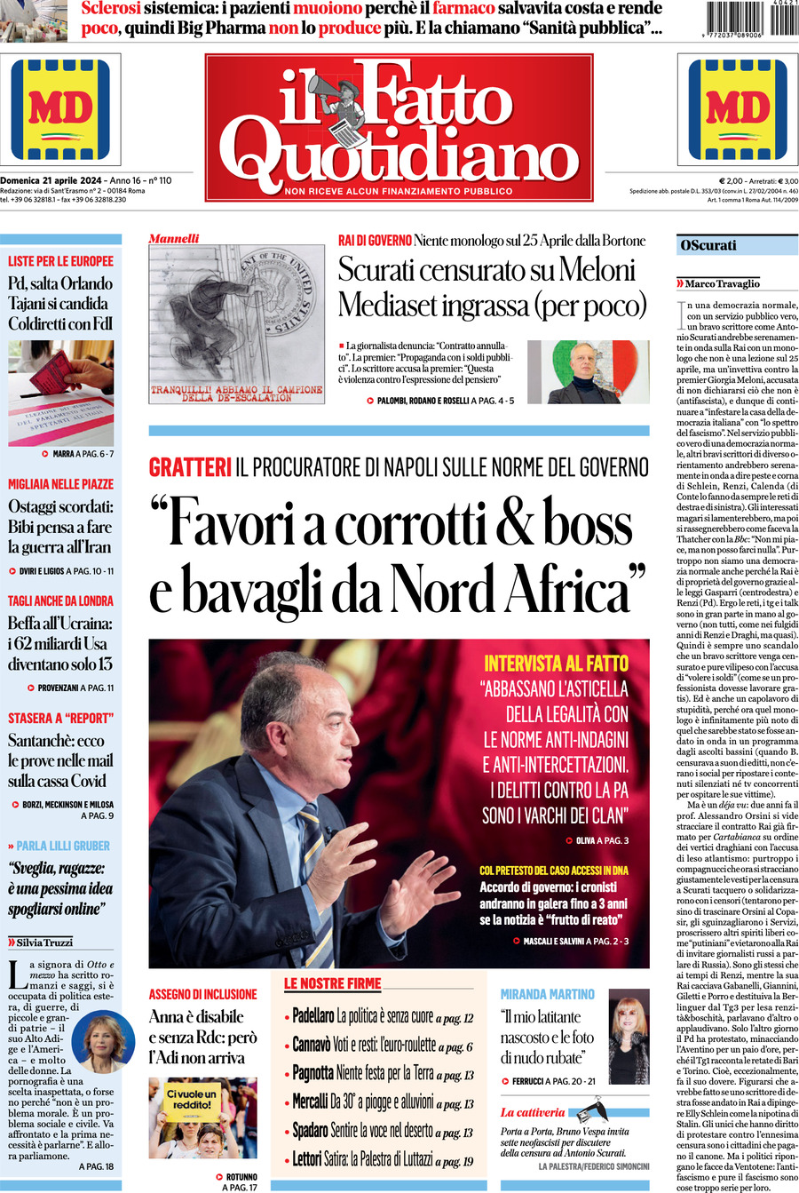 Prima-pagina-il-fatto-quotidiano-edizione-di-oggi-21-04-2024