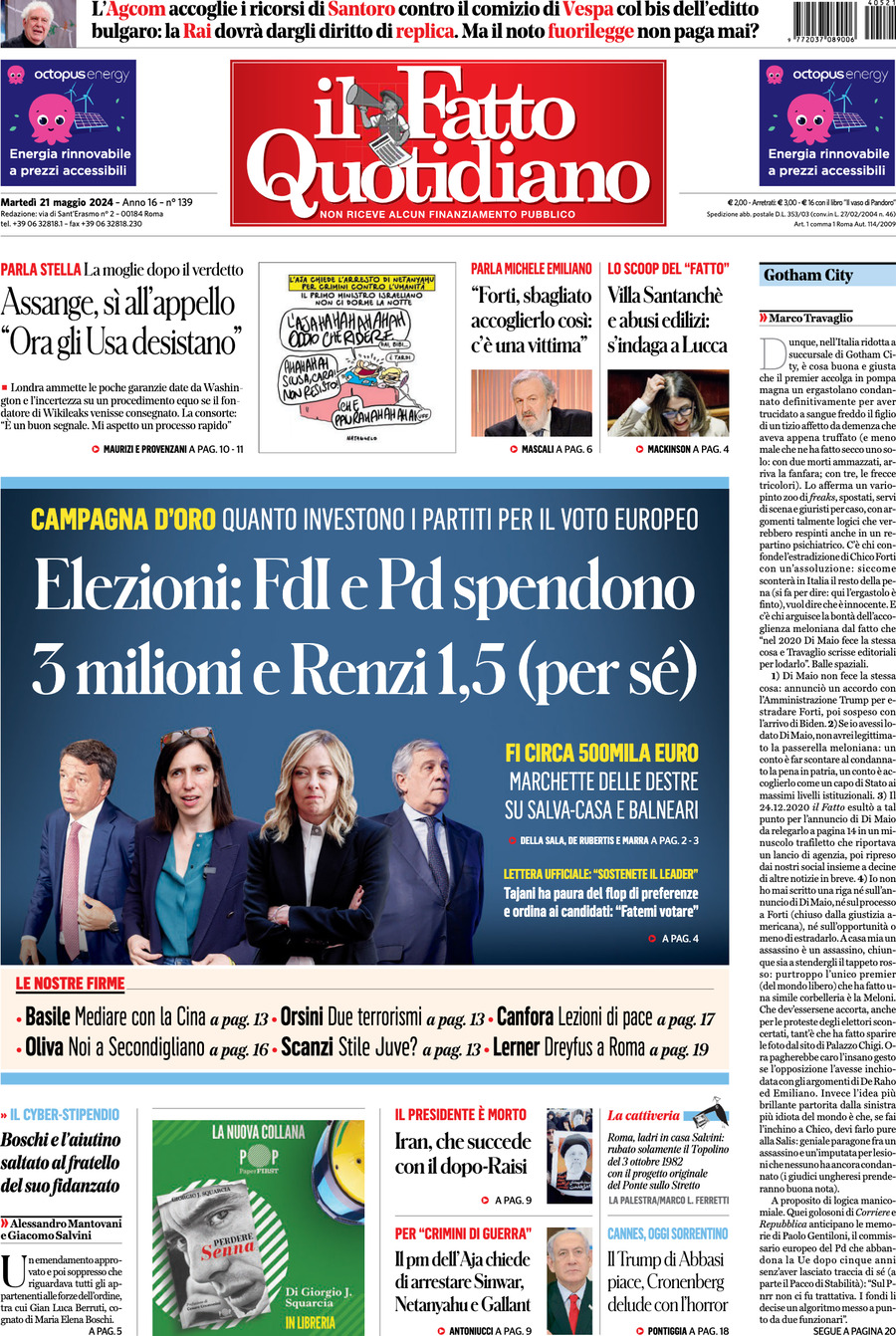 Prima-pagina-il-fatto-quotidiano-edizione-di-oggi-21-05-2024