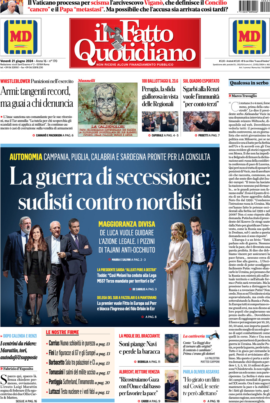 Prima-pagina-il-fatto-quotidiano-edizione-di-oggi-21-06-2024