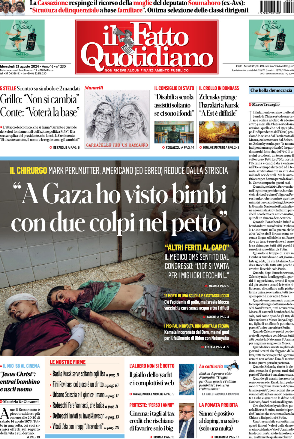 Prima-pagina-il-fatto-quotidiano-edizione-di-oggi-21-08-2024