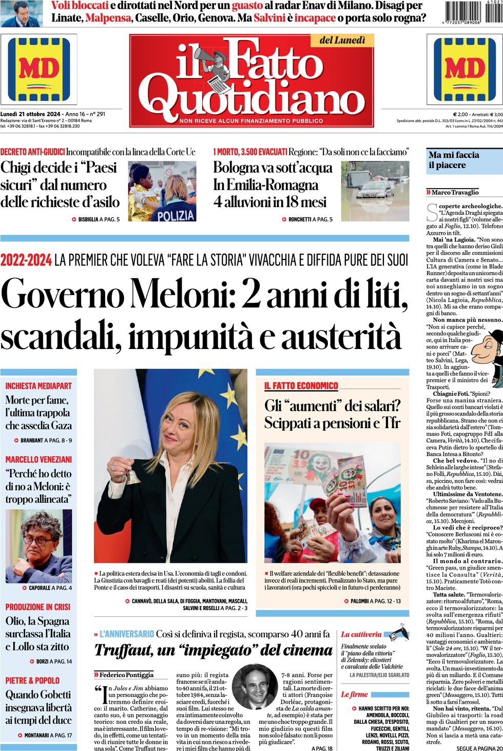 Prima-pagina-il-fatto-quotidiano-edizione-di-oggi-21-10-2024