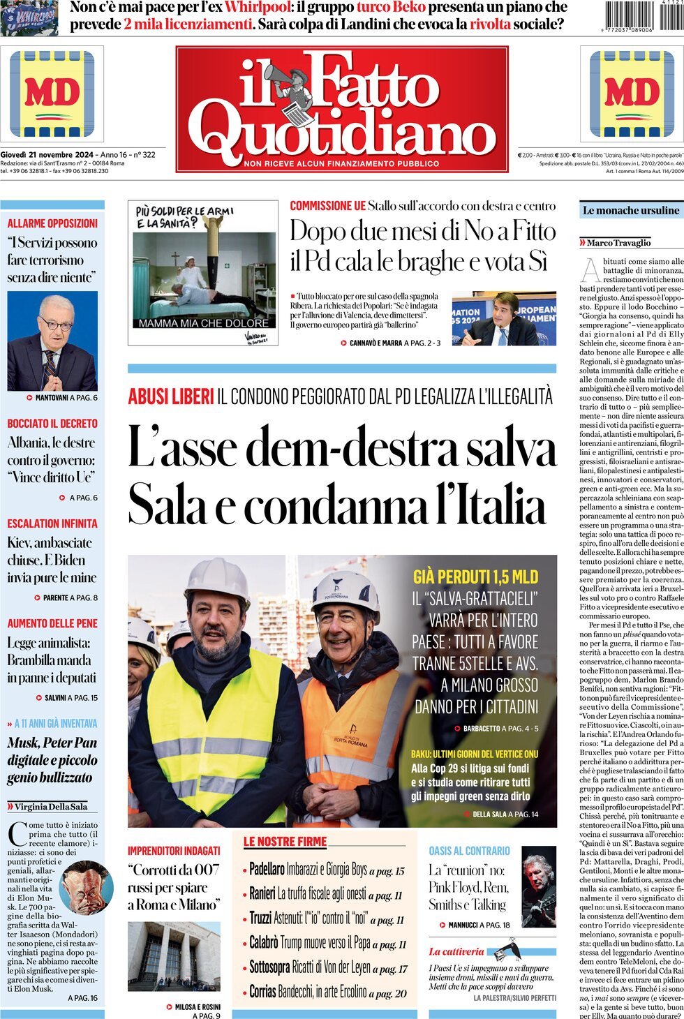 Prima-pagina-il-fatto-quotidiano-edizione-di-oggi-21-11-2024