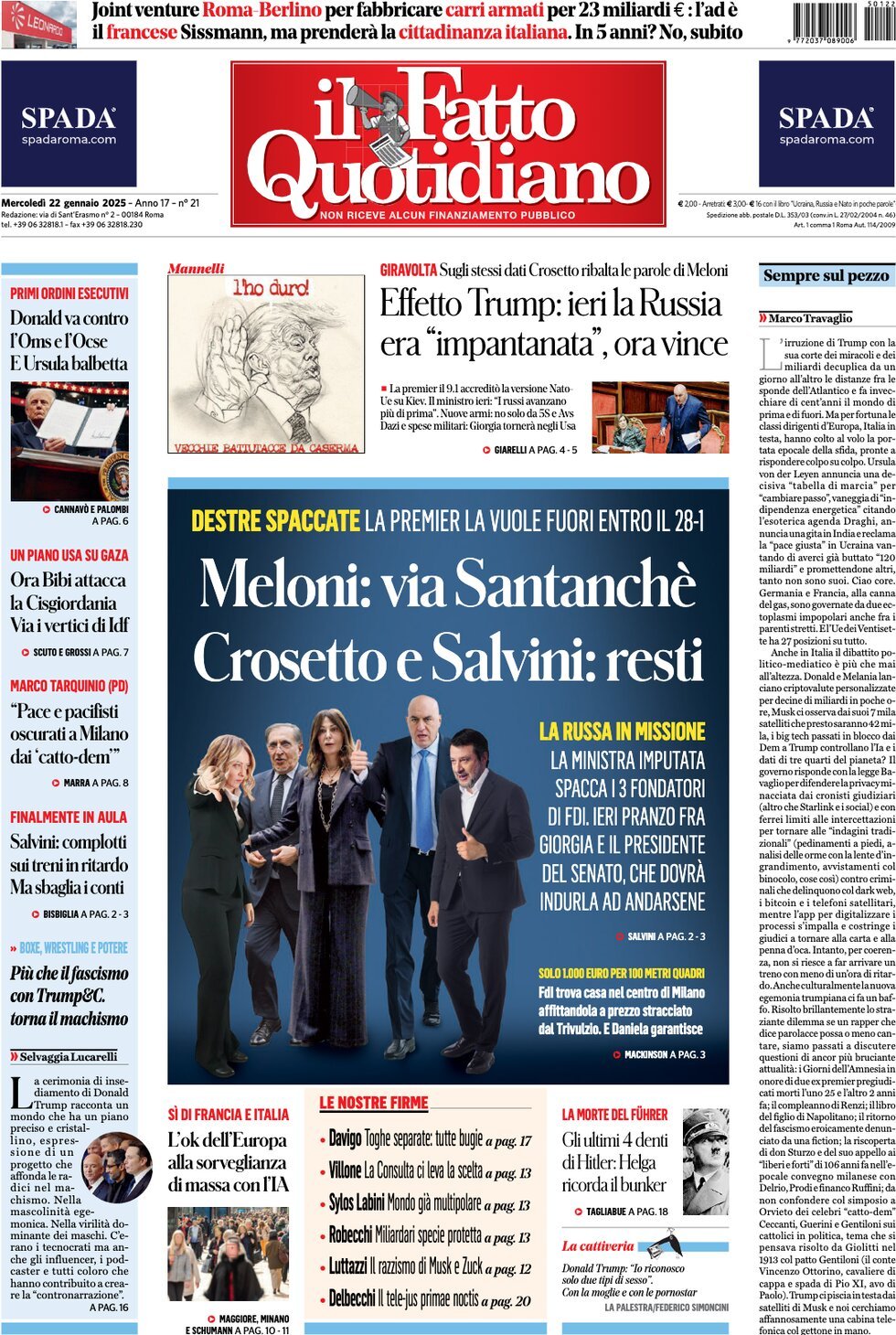 Prima-pagina-il-fatto-quotidiano-edizione-di-oggi-22-01-2025