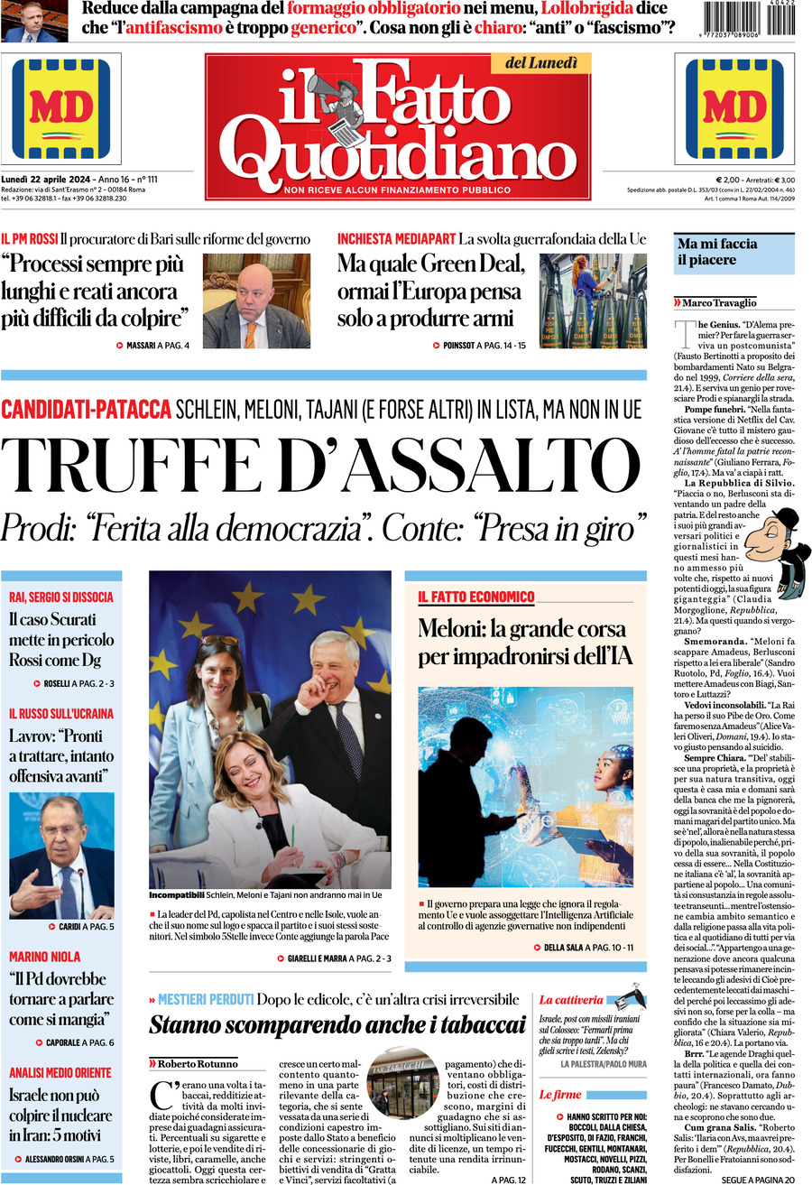 Prima-pagina-il-fatto-quotidiano-edizione-di-oggi-22-04-2024