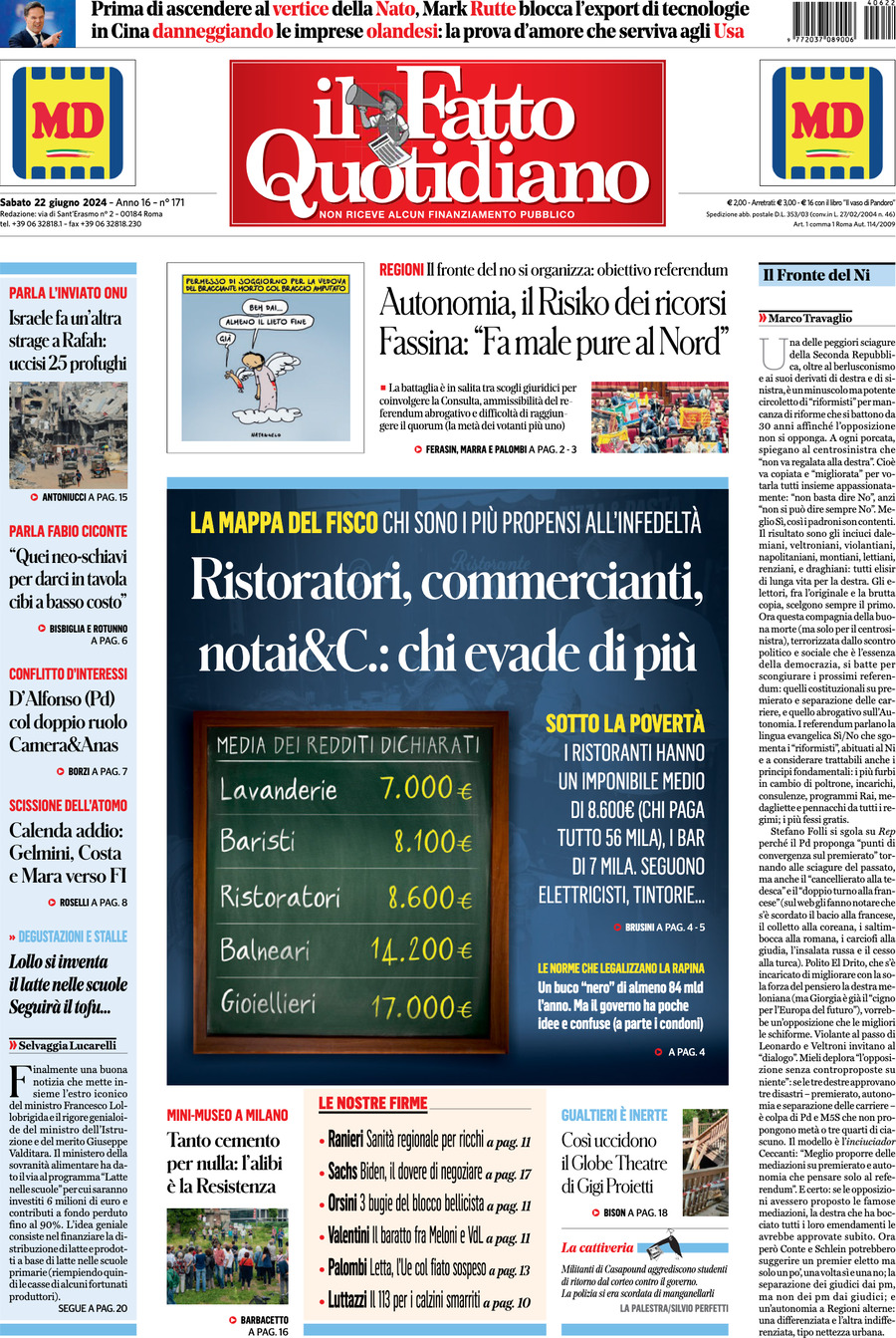 Prima-pagina-il-fatto-quotidiano-edizione-di-oggi-22-06-2024