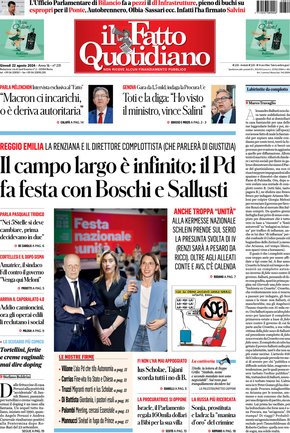 Prima-pagina-il-fatto-quotidiano-edizione-di-oggi-22-08-2024