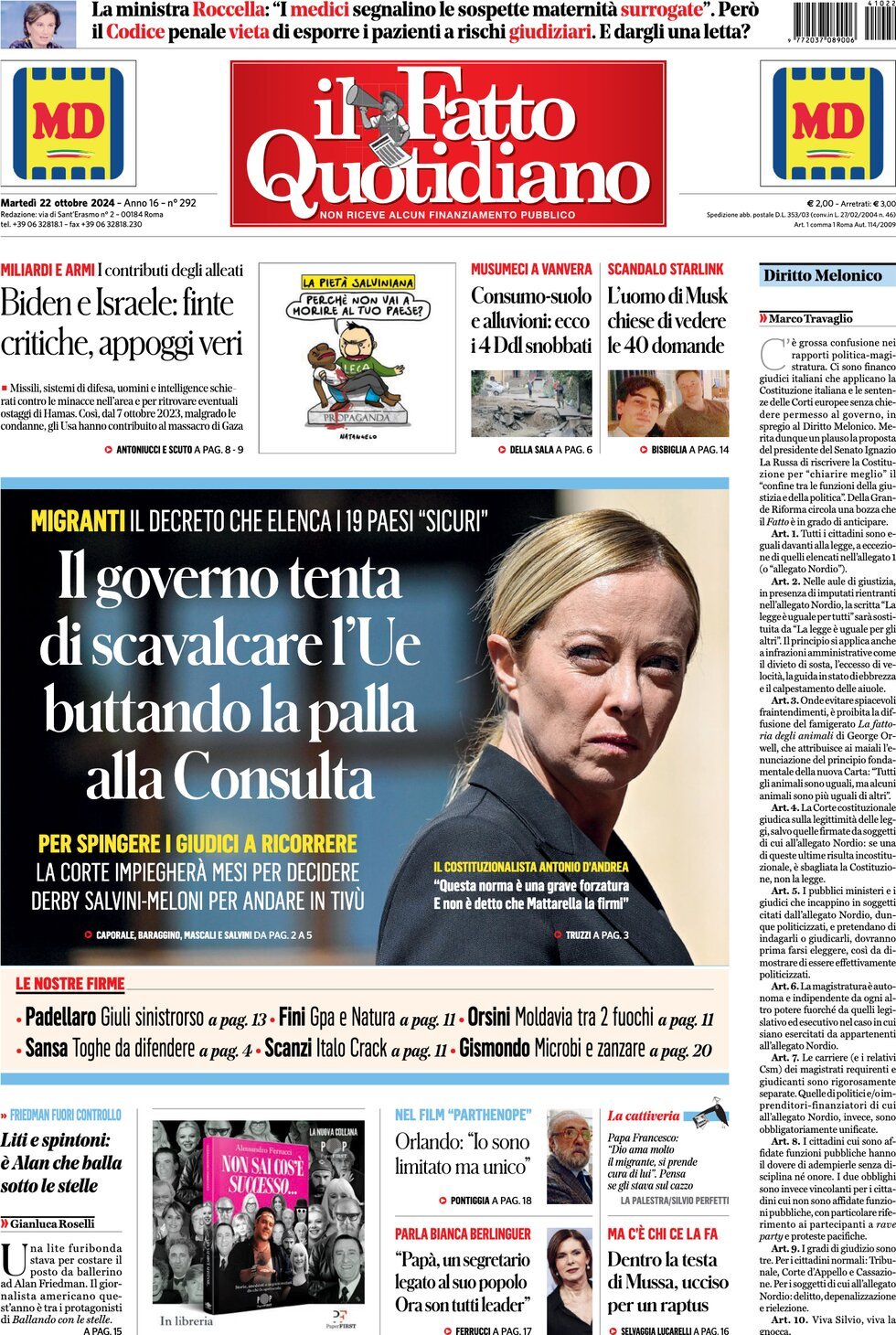 Prima-pagina-il-fatto-quotidiano-edizione-di-oggi-22-10-2024