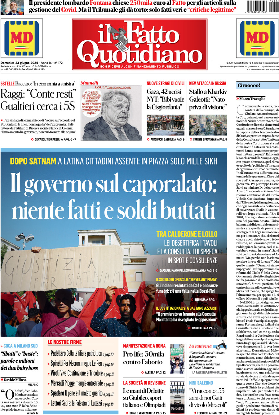 Prima-pagina-il-fatto-quotidiano-edizione-di-oggi-23-06-2024