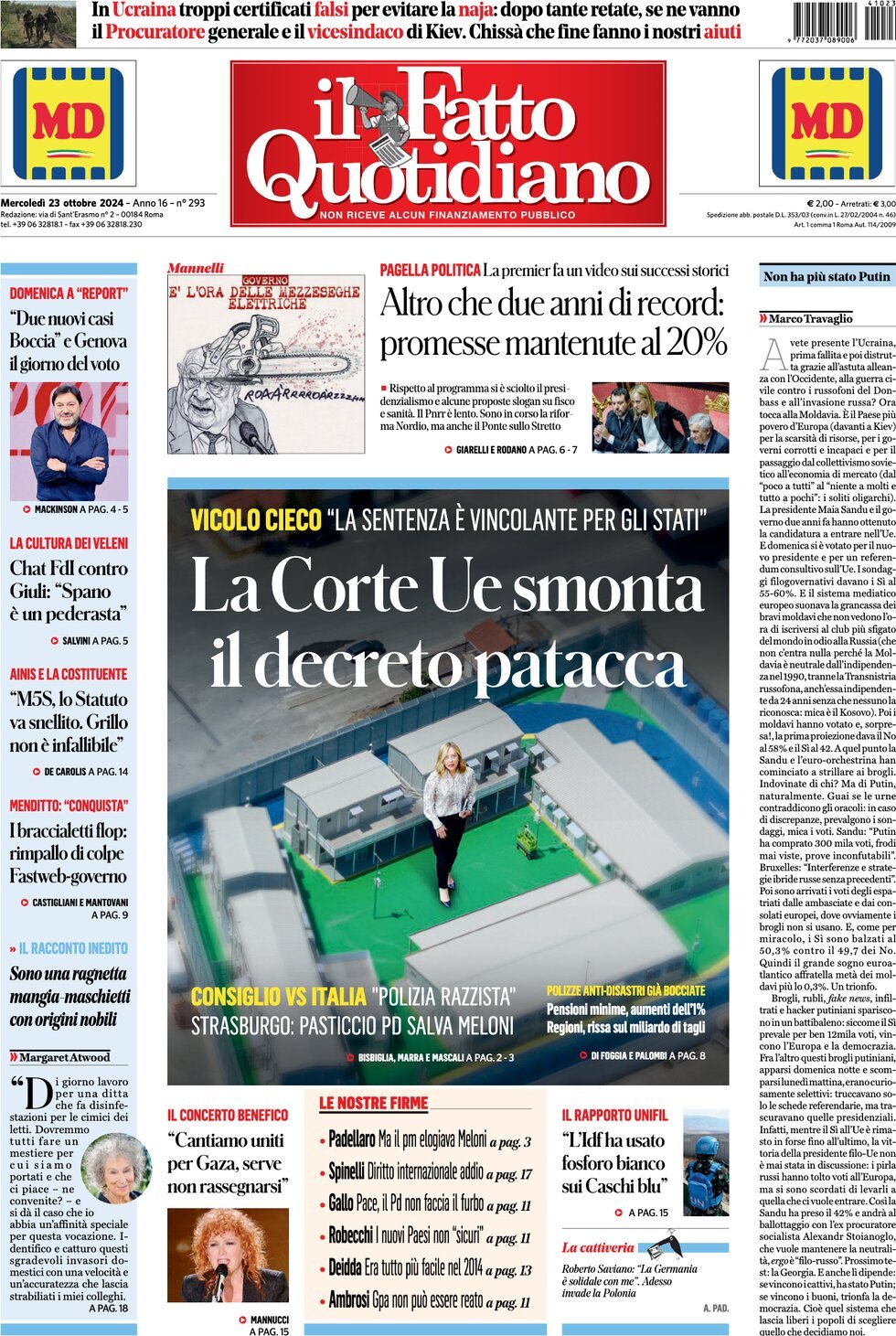 Prima-pagina-il-fatto-quotidiano-edizione-di-oggi-23-10-2024