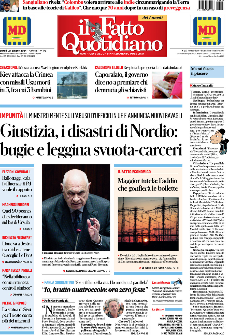 Prima-pagina-il-fatto-quotidiano-edizione-di-oggi-24-06-2024