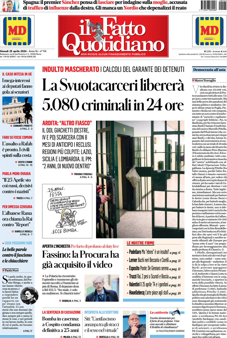 Prima-pagina-il-fatto-quotidiano-edizione-di-oggi-25-04-2024