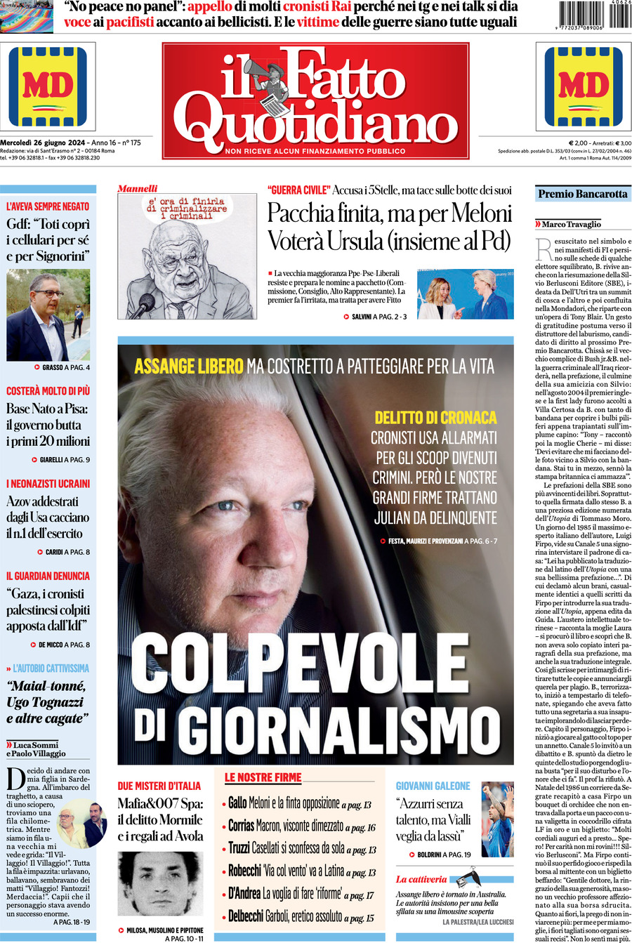 Prima-pagina-il-fatto-quotidiano-edizione-di-oggi-26-06-2024