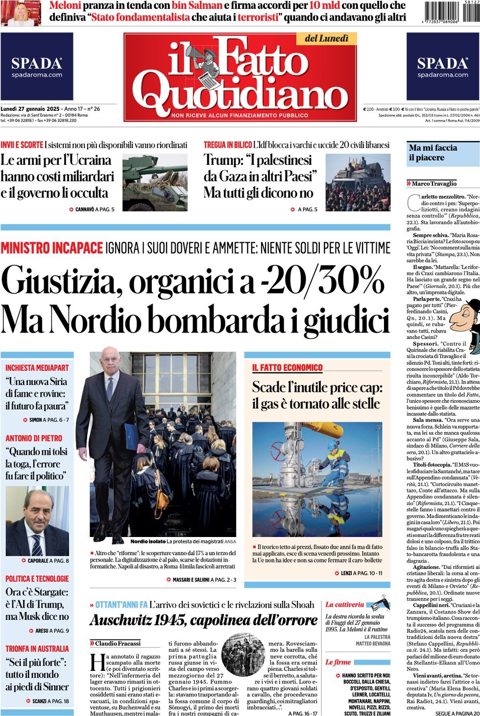 Prima-pagina-il-fatto-quotidiano-edizione-di-oggi-27-01-2025