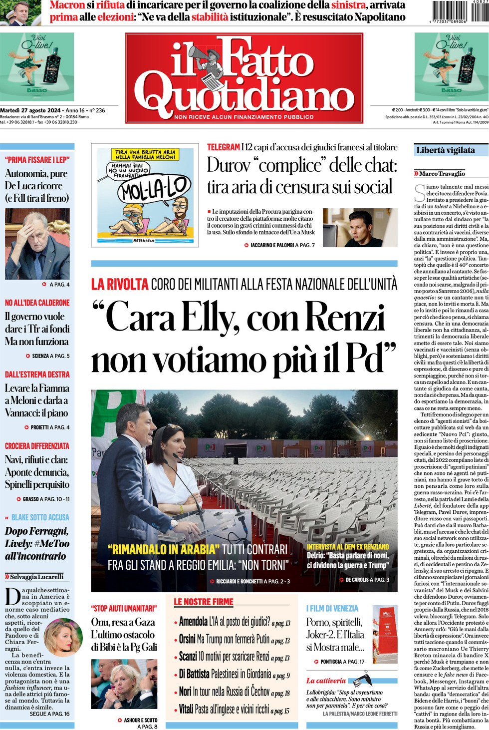 Prima-pagina-il-fatto-quotidiano-edizione-di-oggi-27-08-2024