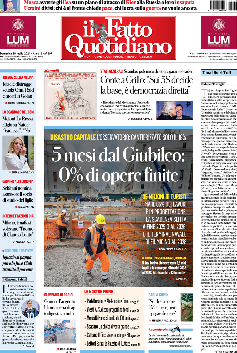 Prima-pagina-il-fatto-quotidiano-edizione-di-oggi-28-07-2024